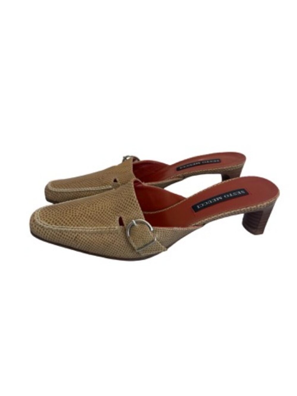 Sesto Meucci Tan Snake Embossed Leather Loafer Mules Buckle Slide Size 7 Women's